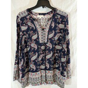 Suzanne Betro Weekend Women's XL Navy Paisley V-neck Rayon Tunic Blouse